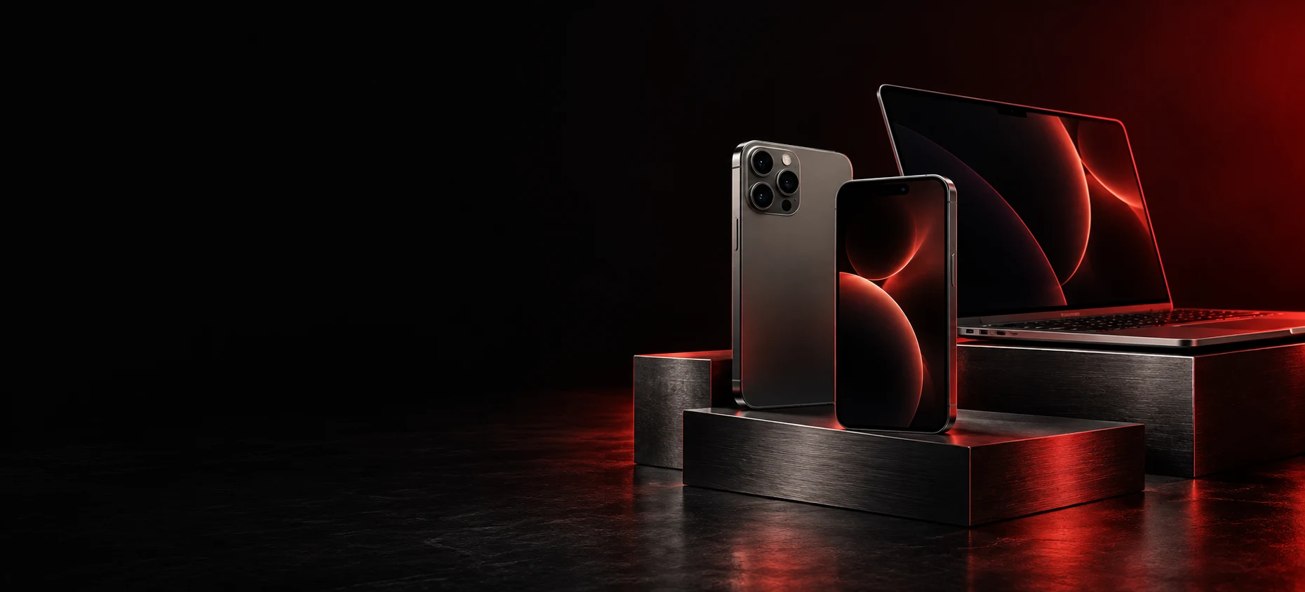 Composizione di smartphone e laptop con luce blu